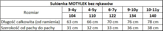 wymiary sukienka MOTYLEK bez rękawów