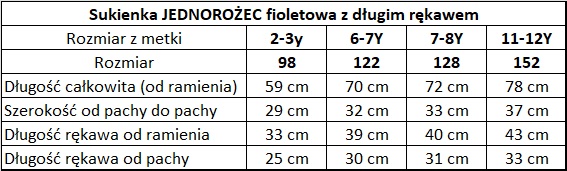 wymiary sukienka jednorożec fioletowa długi rękaw