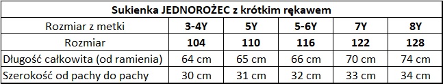wymiary sukienka jednorożec z krótkim rękawem