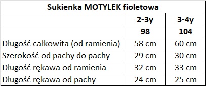 wymiary sukienka motylek fioletowa