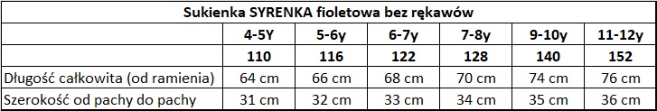 wymiary sukienka syrenka bez rękawów fioletowa
