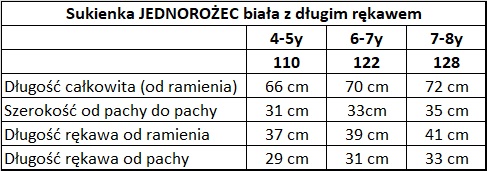 wymiary sukienka jednorożec z długim rękawem